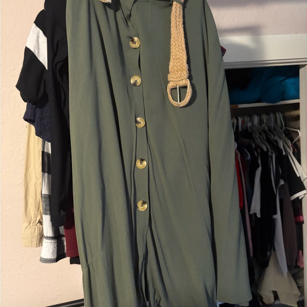 Olive Green Button-Front Dress with Woven Belt